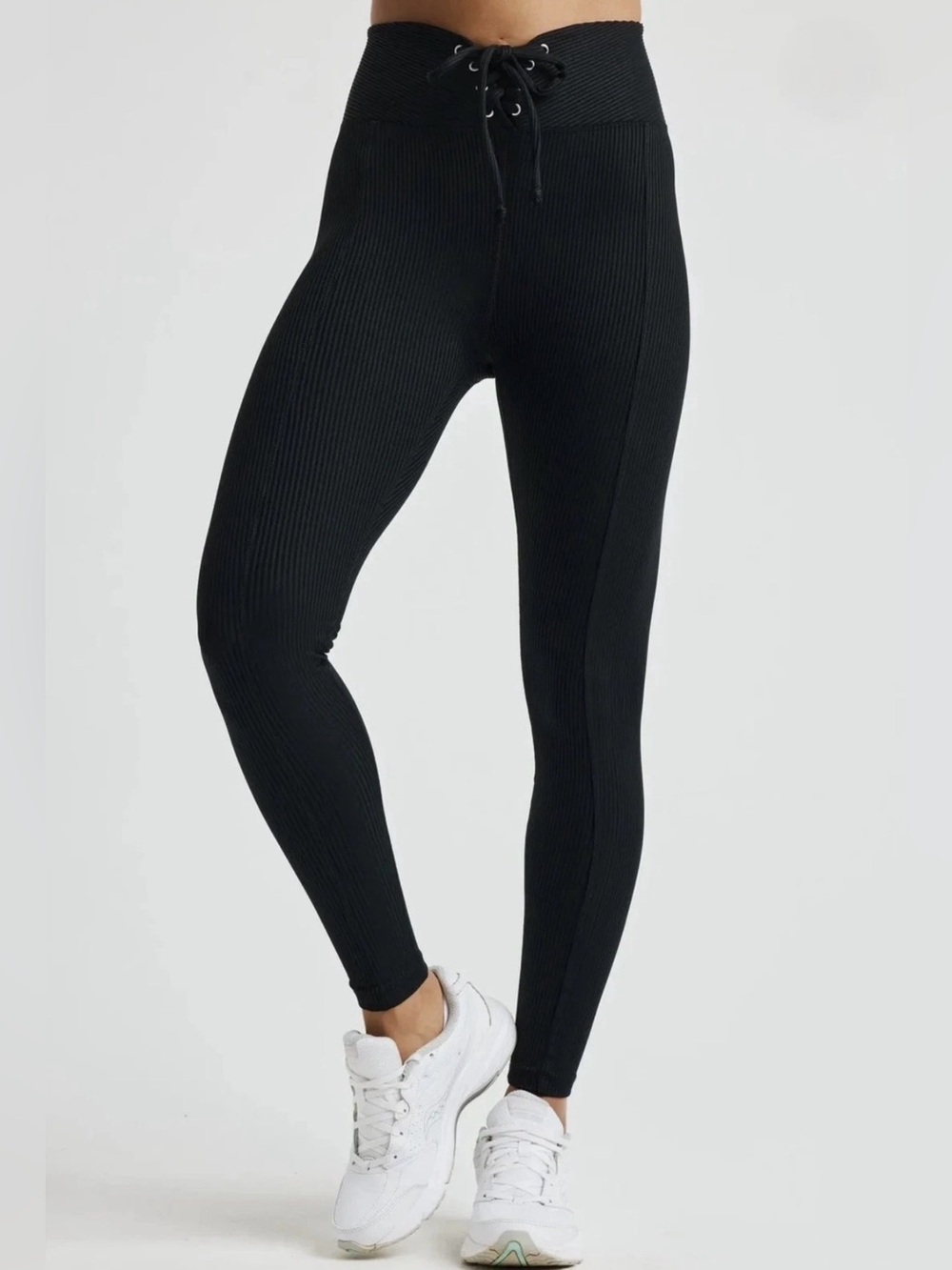 Year of Ours Black Ribbed V Shape Tie High Waist Leggings - Size Medium